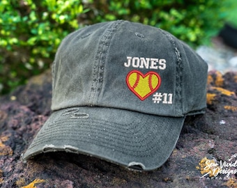 Softball Hat With Custom Name & Number | Distressed Baseball Cap OR Ponytail Hat | Softball Heart Love | Softball Mom | Softball gift