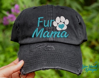 Fur Mama Hat | Distressed Baseball Cap OR High Ponytail Hat | Custom Embroidered | Dog Mom, Dog Mama, Cat Mom, Dog Lover Gift, Paw Print Hat