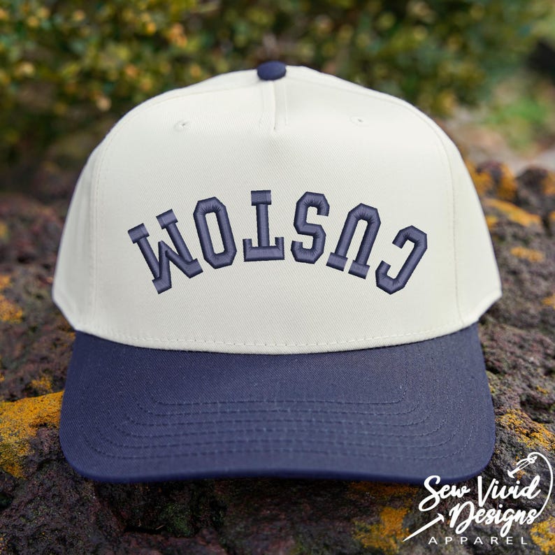 Custom Upside Down Text Hat 3D Puff Text | 5 Panel Two Tone Embroidered Hat | Snapback Trendy Hat, Rally Baseball Cap, Personalized Hat Game Navy/Natural