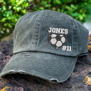 Soccer Heart Hat W/ Name & Number | DISTRESSED Baseball Cap or Ponytail Hat | Custom Soccer Mom Baseball Cap | Sports Mom Gift, Game Day Hat
