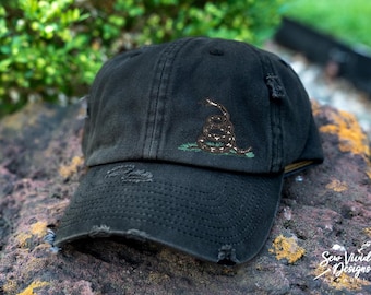 Gadsden Flag Snake Hat | Distressed Baseball Cap OR Ponytail Hat | 2nd Amendment Hat  | Don't Tread on Me Hat | Defend the Second Amendment