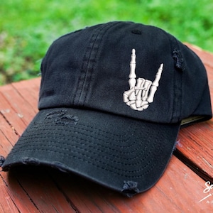 Skeleton Rock and Roll Hat | Distressed Baseball Cap OR Ponytail Hat | Skeleton Hand | Gift for Music Fan