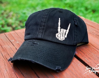 Skeleton Rock and Roll Hat | Distressed Baseball Cap OR Ponytail Hat | Skeleton Hand | Gift for Music Fan