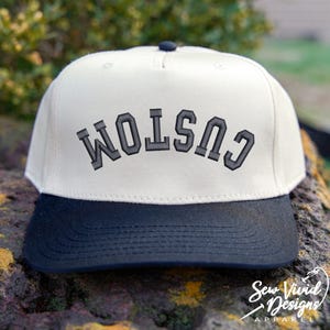 Custom Upside Down Text Hat 3D Puff Text | 5 Panel Two Tone Embroidered Hat | Snapback Trendy Hat, Rally Baseball Cap, Personalized Hat Game Black/Natural
