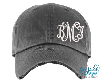 Monogram Hat Offset to Side | Personalized Hat | Ladies Monogram Hat | Monogrammed Cap | Vintage Distressed hat | Custom Embroidered Gift