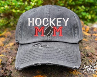 Hockey Mom Hat | Distressed Baseball Cap OR Ponytail Hat | Custom Embroidered Personalized Cap with your team colors | Hockey Mom Gift