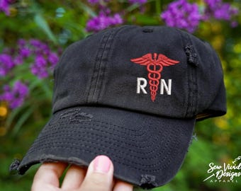 Caduceus RN Hat | Distressed Baseball Cap OR Ponytail Hat | Nurse Hat | Graduation Gift | Nurse Gift | Registered Nurse Hat | Nursing School