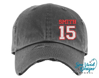 Sports Number Hat W/ Name | Distressed Baseball Cap OR Ponytail Hat | Customizable | Sport Mom Hat | Sports Gift