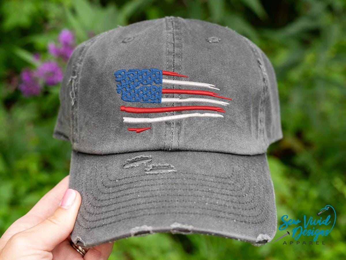 Waving American Flag Hat - Distressed Baseball Cap OR 