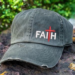 Faith Cross Hat | DISTRESSED Baseball Cap OR Ponytail Hat | Custom Embroidered Christian Hat | Religious Hat | Faith Hat for Women