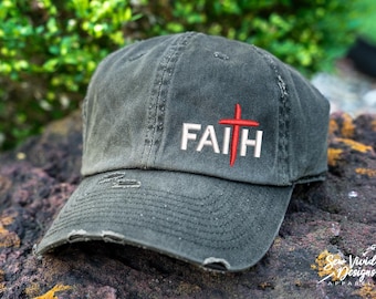 Faith Cross Hat | DISTRESSED Baseball Cap OR Ponytail Hat | Custom Embroidered Christian Hat | Religious Hat | Faith Hat for Women