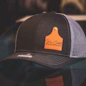 Custom Logo Cow Tag Leather Patch Hat | Custom Text | Richardson 112 Snapback Trucker | 100% Real Authentic Leather Patch | Laser Engraved