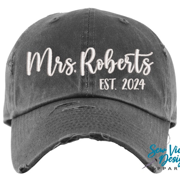 Mrs. est Hat | Distressed Baseball Cap OR Ponytail Hat | Personalize Custom Year | Gift for Bride to Be | Honeymoon Hat | Personalized Hat