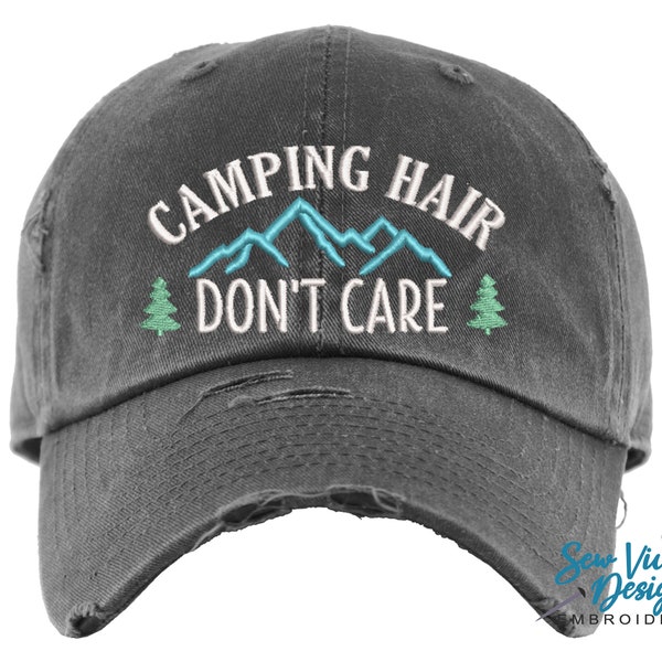 Camping Hair Don't Care Hat | Distressed Baseball Cap OR Ponytail Hat | Adventure Hat | Camping Hat | Hiking Hat | Outdoor | Happy Camper