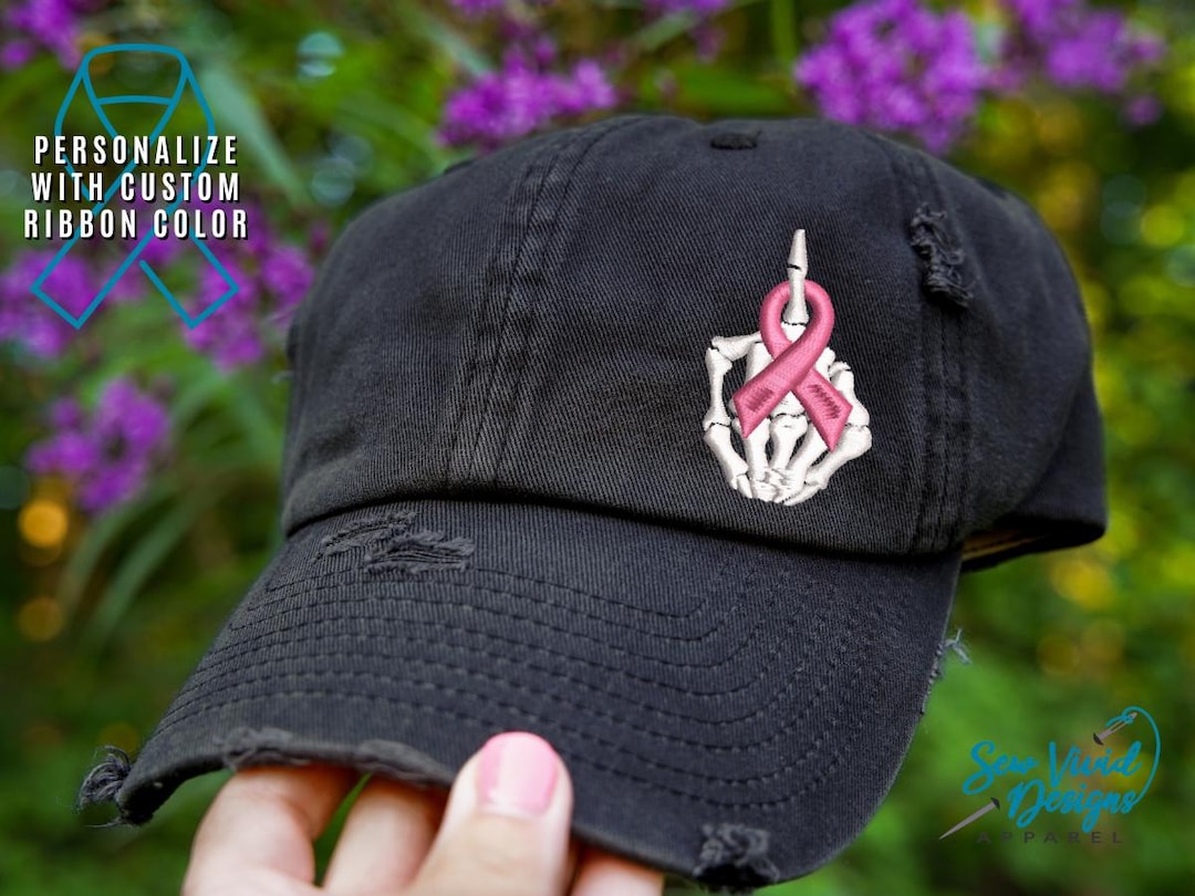 Pattern Cancer Ribbon Cap Cancer Ribbon With Skeleton Middle Finger | Baseball Cap OR Ponytail ...