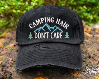 Camping Hair Don't Care Hat | Distressed Baseball Cap OR Ponytail Hat | Adventure Hat | Camping Hat | Hiking Hat | Outdoor | Happy Camper