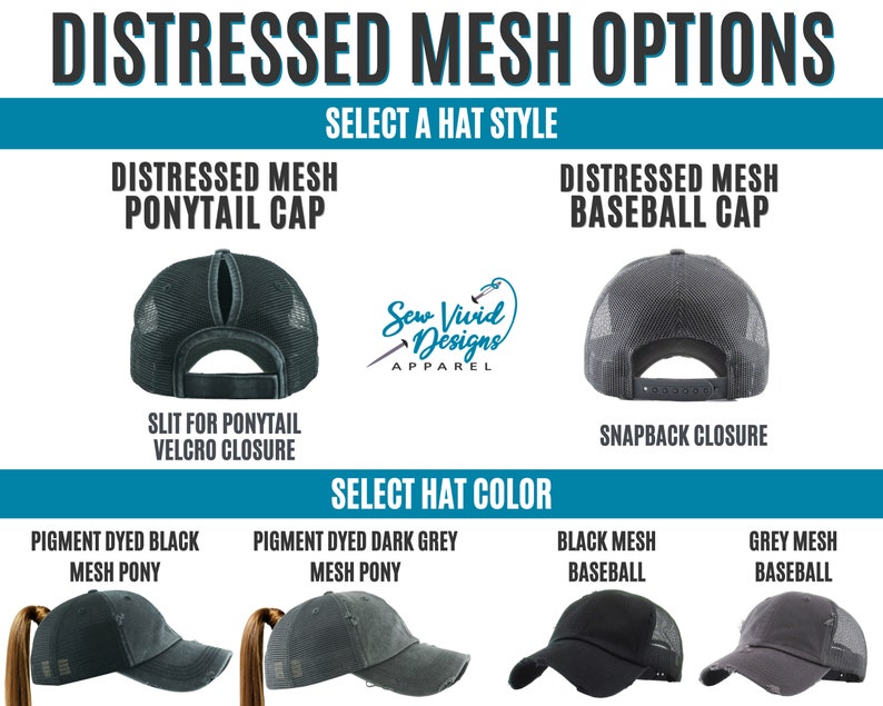 Op de afbeelding: Afbeelding met distressed mesh hoeden in verschillende stijlen en kleuren. Opties zijn ponytail caps met klittenbandsluitingen en baseball caps met snapback sluitingen. Kleurkeuzes zijn pigment geverfd zwart, donkergrijs, zwart mesh en grijs mesh.