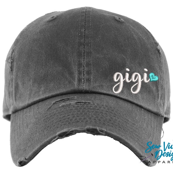 Gigi w/ Heart Hat| Distressed Baseball Cap OR Ponytail Hat | Customize your text - Grandma, Mimi, Mamaw, Gigi | Gift for Gigi | Gigi Gifts