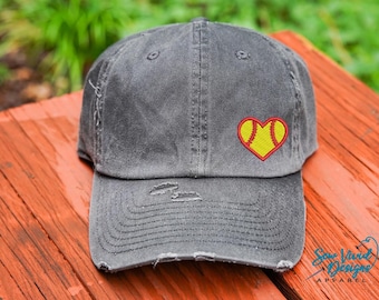 Softball Hat | Distressed Baseball Cap OR Ponytail Hat | Softball Heart | Softball Love | Softball Mom | Softball gift | Softball Coach