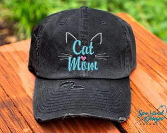 Cat Mom Hat | Distressed Baseball Cap OR Ponytail Hat | Cat Mom Gift | Cat Lover Gift | Crazy Cat Lady | Fur Mom | Cat Mama | Kitty Mom