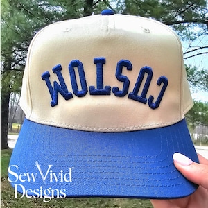 Texte soufflé 3D personnalisé à l'envers | Bonnet brodé bicolore 5 panneaux | Casquette tendance snapback, casquette de baseball Rallye, jeu de chapeaux personnalisé