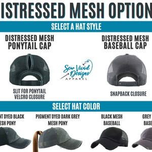 K&ouml;nnte beinhalten: Bild zeigt Distressed-Mesh-H&uuml;te in verschiedenen Stilen und Farben. Optionen sind Ponytail-Caps mit Klettverschl&uuml;ssen und Baseball-Caps mit Snapback-Verschl&uuml;ssen. Farbauswahl: pigmentgef&auml;rbtes Schwarz, Dunkelgrau, schwarzes Mesh und graues Mesh.