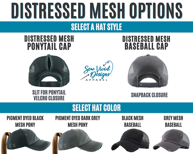 K&ouml;nnte beinhalten: Bild zeigt Distressed-Mesh-H&uuml;te in verschiedenen Stilen und Farben. Optionen sind Ponytail-Caps mit Klettverschl&uuml;ssen und Baseball-Caps mit Snapback-Verschl&uuml;ssen. Farbauswahl: pigmentgef&auml;rbtes Schwarz, Dunkelgrau, schwarzes Mesh und graues Mesh.