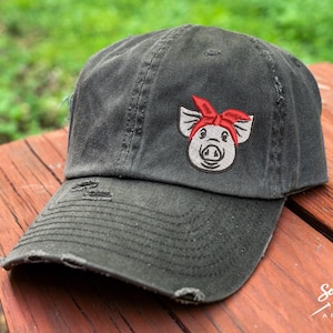 Pig Bandana Hat | Distressed Baseball Cap OR Ponytail Hat | Pig Lover Gift | Pig Hat | Farm Hat | Pig Mom | Farm Girl | Bandana Bow