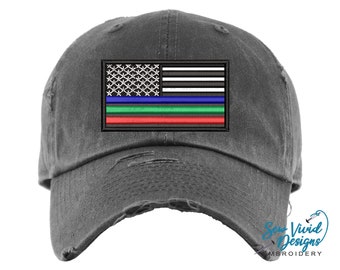 Thin Blue Line Hat, Blue Green and Red Line | Distressed Baseball Cap | American Flag | Thin Red Line Flag | Back the Blue | Support Flag