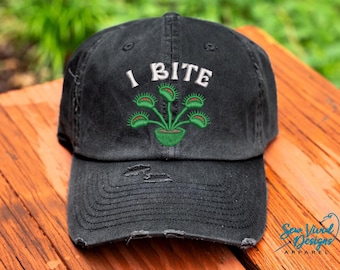 I Bite Venus Flytrap Hat | Distressed Baseball Cap OR Ponytail Hat | Carnivorous Plant | Careful I Bite | Bite Me, Gardeners Gift Botany