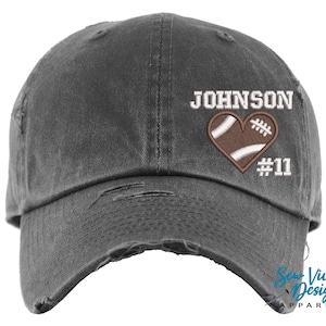 Football Heart Hat W/ Name & Number | DISTRESSED Baseball Cap OR Ponytail Hat | School Name Football Team Hat, Personalized Football Mom Hat