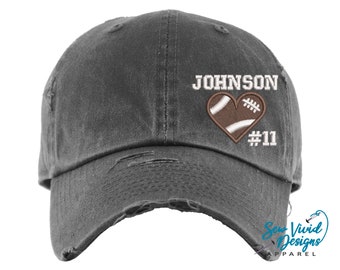 Football Heart Hat W/ Name & Number | DISTRESSED Baseball Cap OR Ponytail Hat | School Name Football Team Hat, Personalized Football Mom Hat
