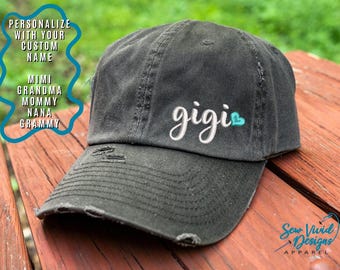 Gigi w/ Heart Hat| Distressed Baseball Cap OR Ponytail Hat | Customize your text - Grandma, Mimi, Mamaw, Gigi | Gift for Gigi | Gigi Gifts