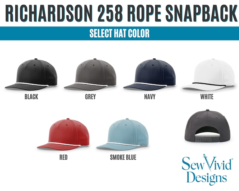 Puede incluir: Una selecci&oacute;n de gorras Richardson 258 Rope Snapback en varios colores: negro, gris, azul marino, blanco, rojo y azul humo. Cada gorra presenta un detalle de cuerda y cierre snapback. El texto "SELECT HAT COLOR" est&aacute; visible.