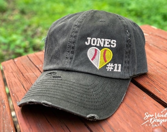 Softball Baseball Heart Hat With Custom Name & Number | Distressed Baseball Cap OR Ponytail Hat | Softball Love, Softball Mom, Softball gift