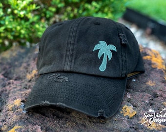 Palm Tree Hat | Distressed Baseball Cap OR ponytail Hat | Beach Hat | Vacation Accessories | Beach Life | Summer Hat | Beach Caps for Women