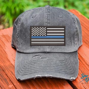 Thin Blue Line Hat, Distressed Baseball Cap OR Ponytail Hat with Thin Blue Line Flag, Thin blue line Clothing, American Flag Police