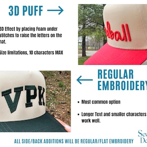May include: A comparison of two hats: one with 3D puff red embroidery on a cream and red hat, and one with flat dark green embroidery on a cream and dark green hat. Text includes 3D PUFF, REGULAR EMBROIDERY, and Sew Vivid Designs.