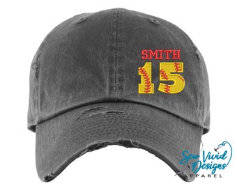 Softball Numbers With Custom Name | Distressed Baseball Cap OR Ponytail Hat | Softball Heart Love | Softball Mom | Softball gift