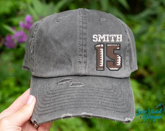 Numéros de football avec nom | Casquette de baseball ou bonnet queue de cheval USÉ | Casquette d'équipe de football avec nom d'école, casquette de maman de football personnalisée