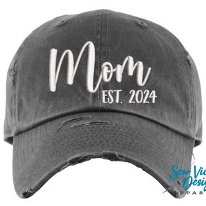 Mom est. Hat | Distressed Baseball Cap OR Ponytail Hat | Personalize Custom Year | Pregnancy Announcement | New Mom Gift | Mother's Day Gift