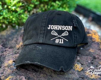 Lacrosse Hat w/ Name & Number | Distressed Baseball Ponytail hat | Lax Cap | Lacrosse Mom | Lacrosse Gifts | Lacrosse Stick