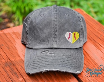 Half Softball and Baseball Hat | Distressed Baseball Cap OR Ponytail Hat | Ball Mom | Softball Mom Hat | Baseball Mom | Baseball/Softball
