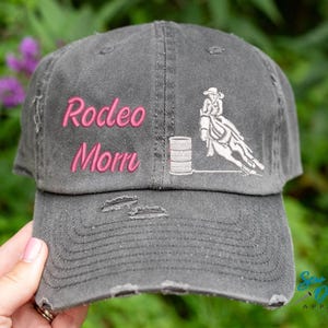 Rodeo Mom Hat with Barrel Racer | Distressed Baseball Cap OR Ponytail Hat | Personalized and Custom Barrel Racing Cap | Barrel Racer Mom