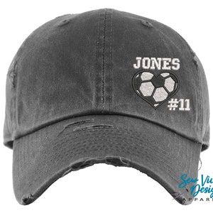 Soccer Heart Hat W/ Name & Number | DISTRESSED Baseball Cap or Ponytail Hat | Custom Soccer Mom Baseball Cap | Sports Mom Gift, Game Day Hat