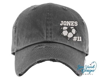 Soccer Heart Hat W/ Name & Number | DISTRESSED Baseball Cap or Ponytail Hat | Custom Soccer Mom Baseball Cap | Sports Mom Gift, Game Day Hat