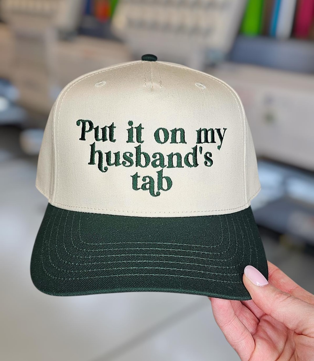 Put it on my husbands tab Hat | 5 Panel Two Tone Hat | Snapback Trendy Hat | Sarcastic Gift for Wife | Funny Women's Trucker Hat - Forest/Natural, Husband's tab