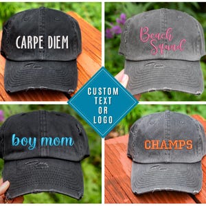 Custom Hat | DISTRESSED Baseball Cap OR Ponytail Hat | Custom Embroidered Hat | Your Text Here | Design your own hat | Personalized Ball Cap