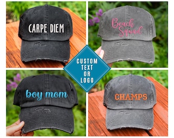 Benutzerdefinierte Hut | DISTRESSED Baseballkappe oder Pferdeschwanz-Mütze | Individuell bestickter Hut | Ihr Text hier | Gestalten Sie Ihre eigene Mütze | Personalisierte Ballkappe