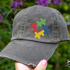 Autism Awareness Puzzle Hat | DISTRESSED Baseball Cap OR Ponytail Hat | Autism Puzzle Piece Cap | Autism Mom Gift | Custom Autism Gifts